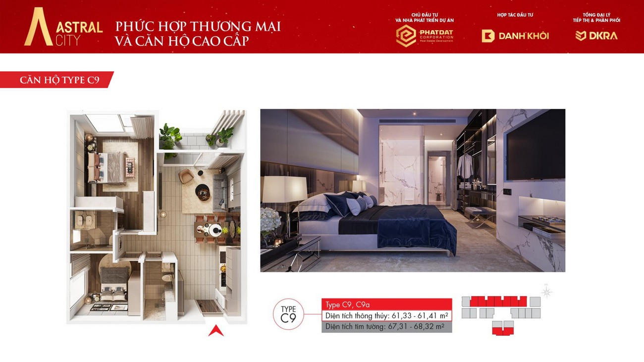 Thiết kế chi tiết căn hộ 2PN – 2WC Astral City Thuận An phát triển Danh Khôi Group